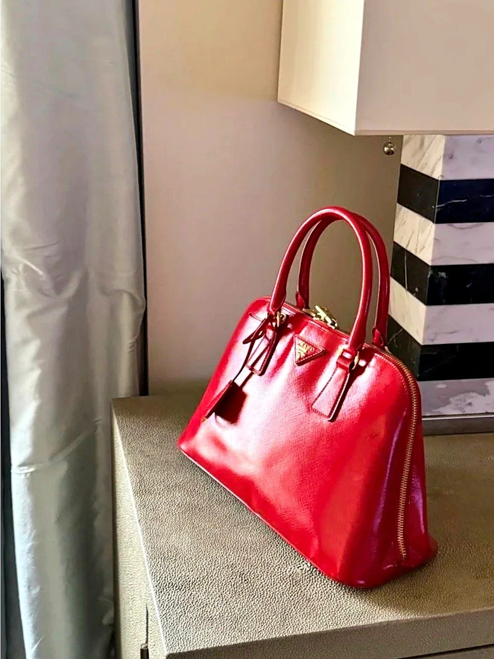 Prada Saffiano Vernice Promenade Dome Satchel Red